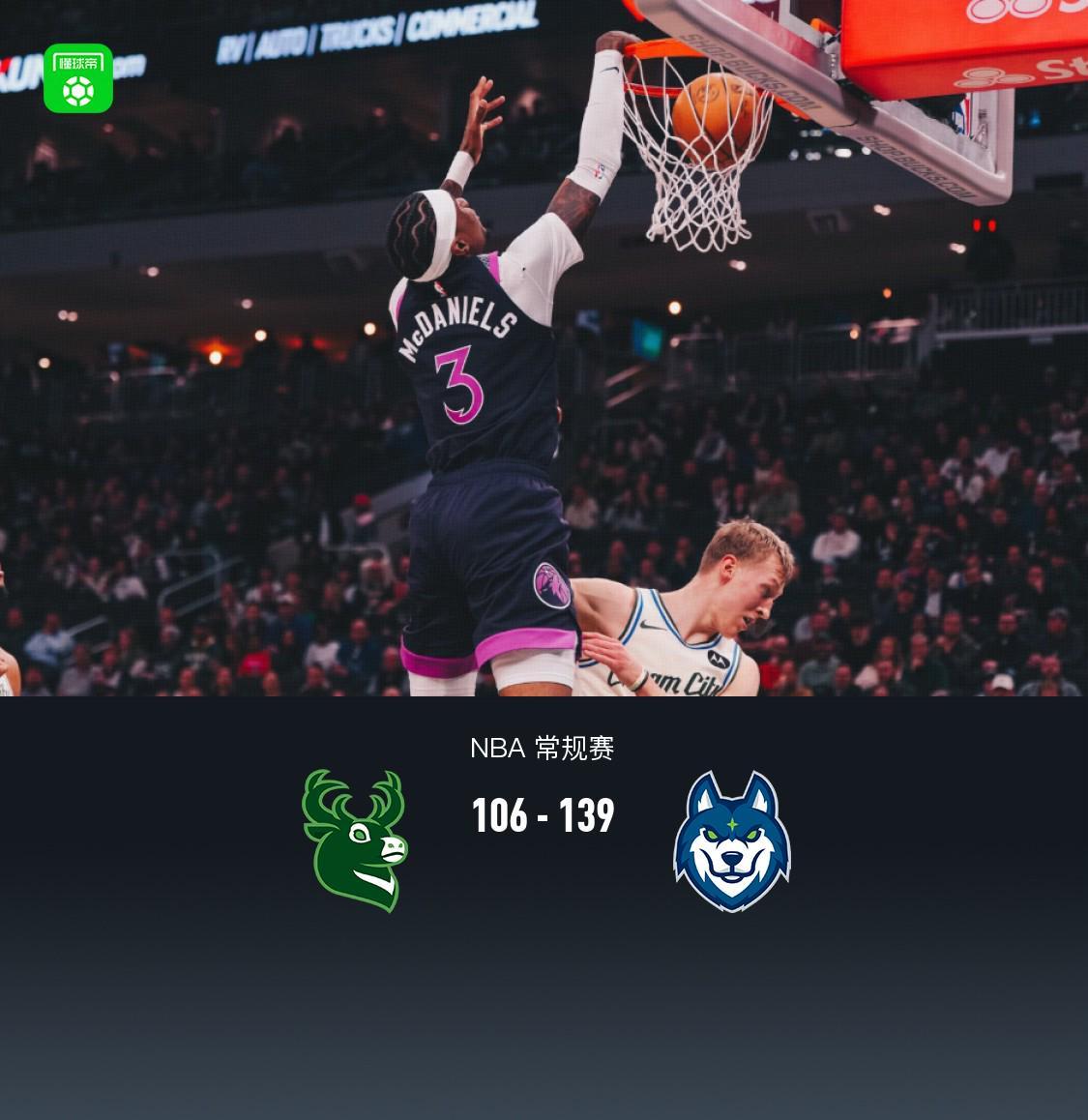 森林狼139-106轻取雄鹿，兰德尔29+8+6，海兰德23分